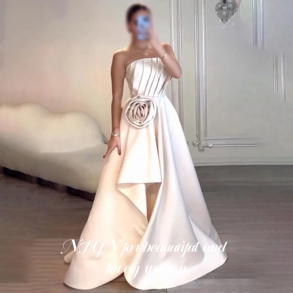 

NFYN Ivory Stain Party Dress A Line Strapless Night Dresses Pleats Ruched Evening Gown with 3D-Flowers Sweep Train Customized