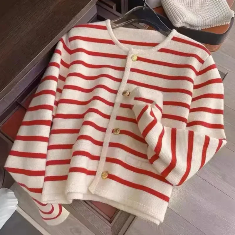 

Striped Cardigans for Women Knitted Long Sleeve O-neck Korean Style Spring Autumn Single Breasted All-match Warm Ins College