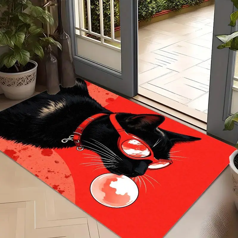 Cool Black Cat Door Mat, Red Sunglasses & Bubble Gum Pattern, Funny Pet Welcome Rug, Non-slip Entrance Floor Mat, Cat Lover Gift