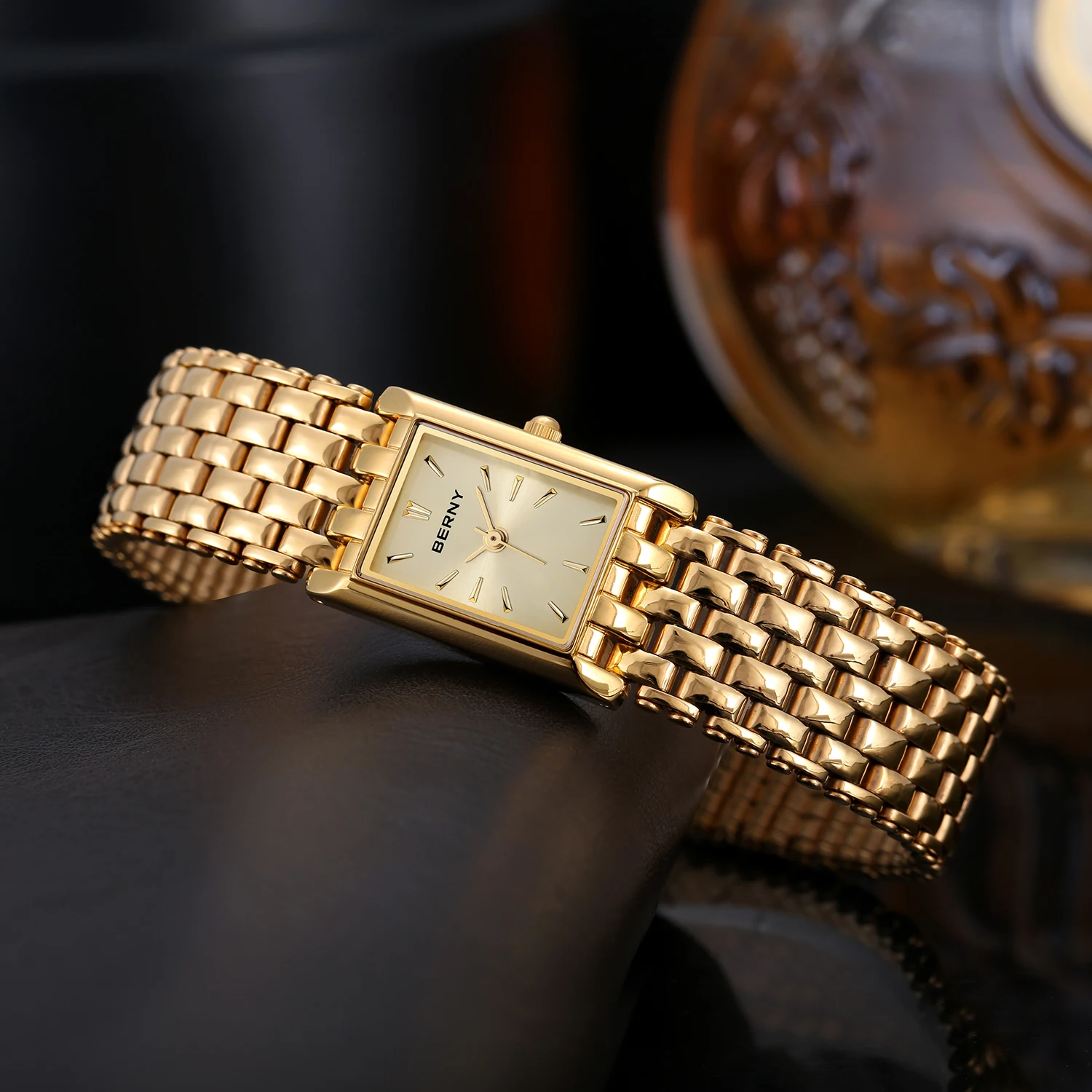 BERNY Gold Watch for Couple Luxury Women/Men Wristwatch Waterproof Golden Clock Quartz Stainless Steel Fashion Men Ladies Watch