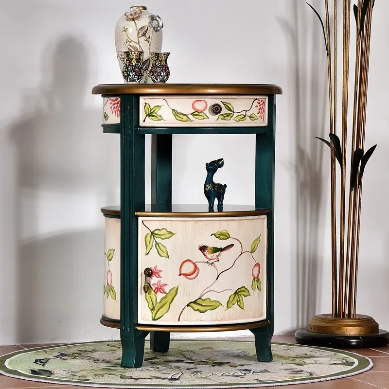 Rural side table retro old small round table living room solid wood small  sofa side cabinet painted corner