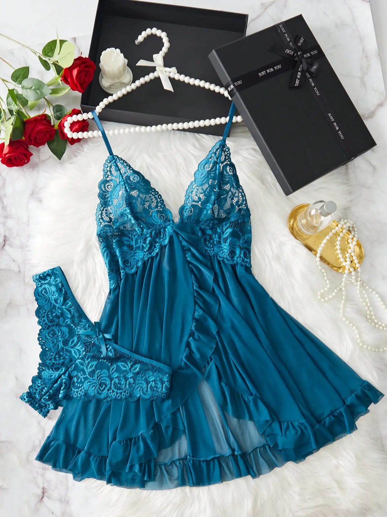 

Teal Lace Trim Satin Chemise with Ruffled Hem and Adjustable Straps