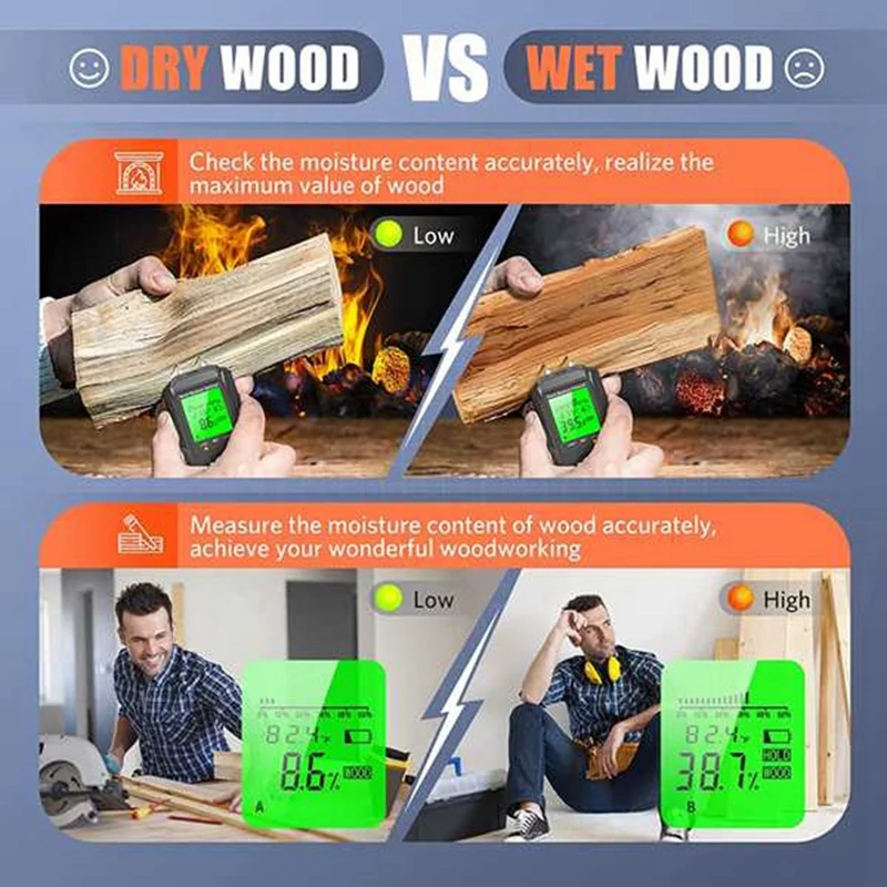 1 Piece Digital Wood Moisture Meter Inductive Hygrometer Black Plastic Ambient Temp Humidity Timber Damp