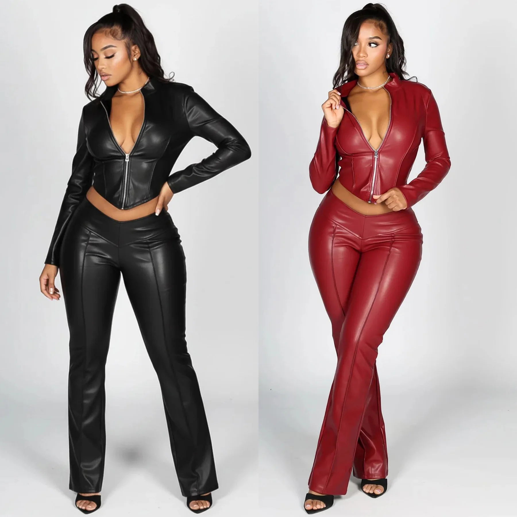Leather Jackets 2 Piece Pant Sets Outfits 2025 Winter Fall Clothes Women Y2K Streetwear Tracksuit Sweatsuit Two Piece Pant Sets