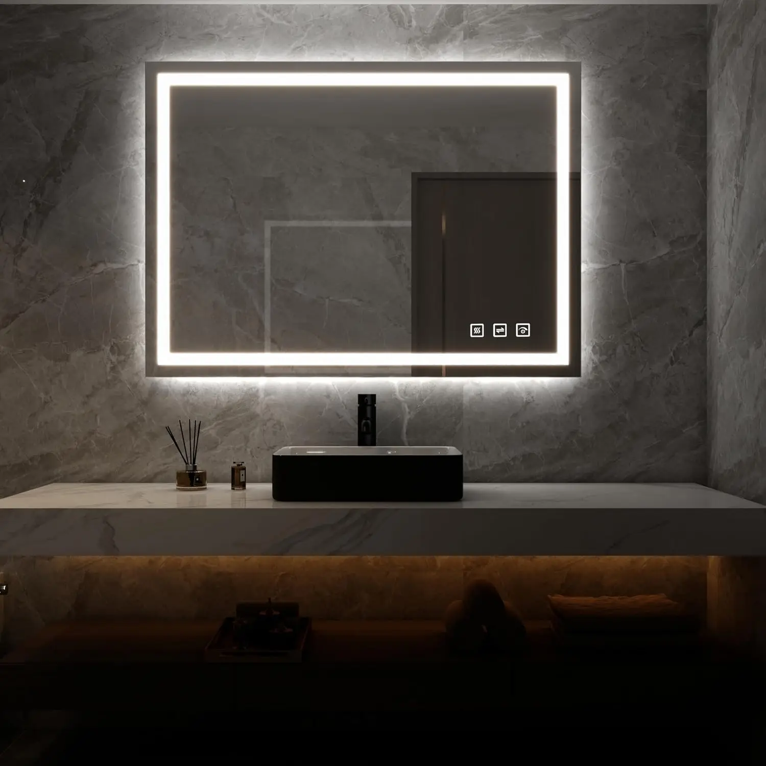 48x32 Inch LED Bathroom Mirror with Backlit and Front Light Wall Mounted Vanity Mirror with Anti-Fog Memory 3 Colors Dimmable