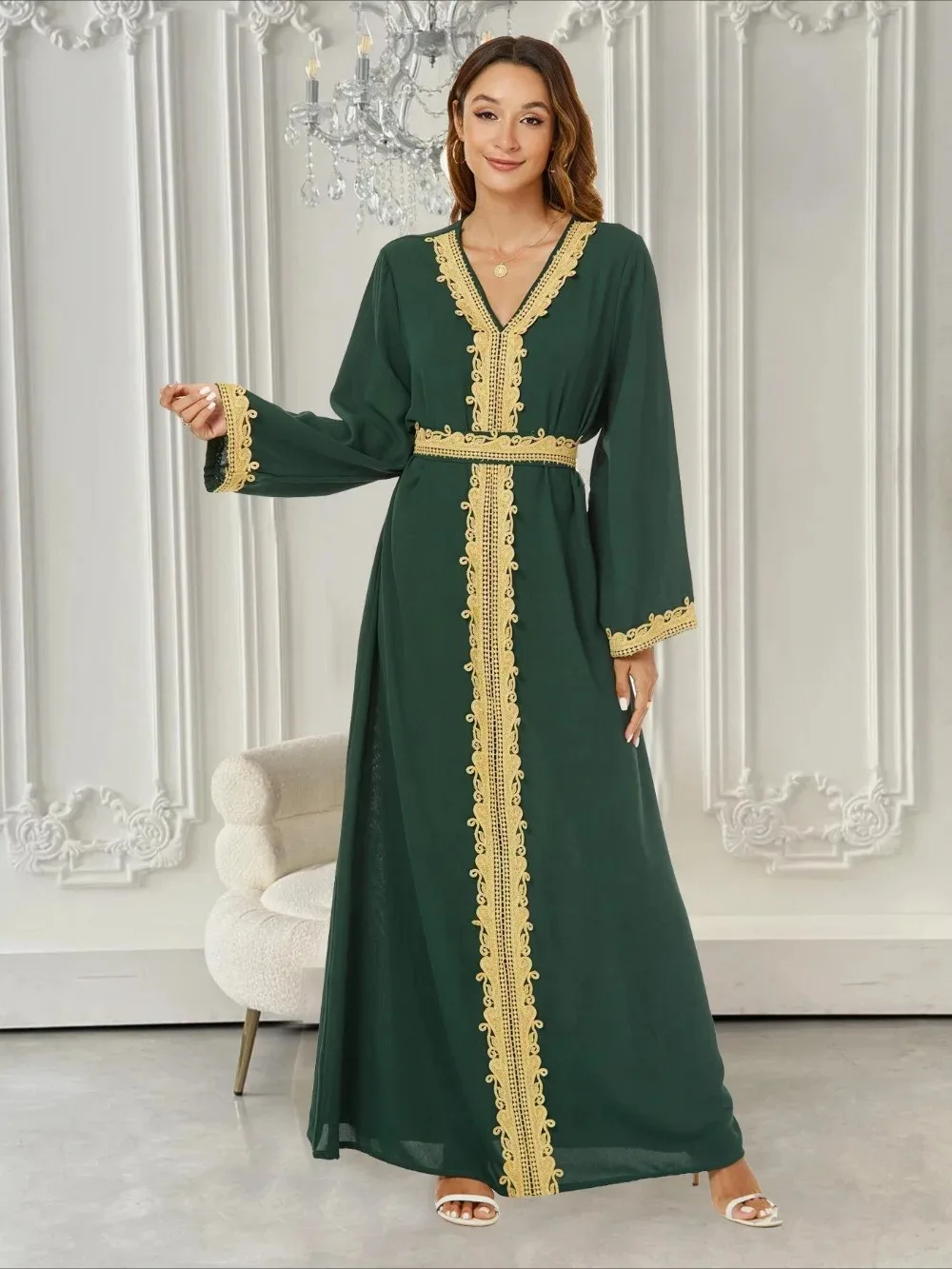 Sweet Long Sleeve Eid Turkey Muslim Dress Women Kaftan Long Robe Abaya V Neck Vestidos Islamic Clothing Arabic Dresses Mulsuman
