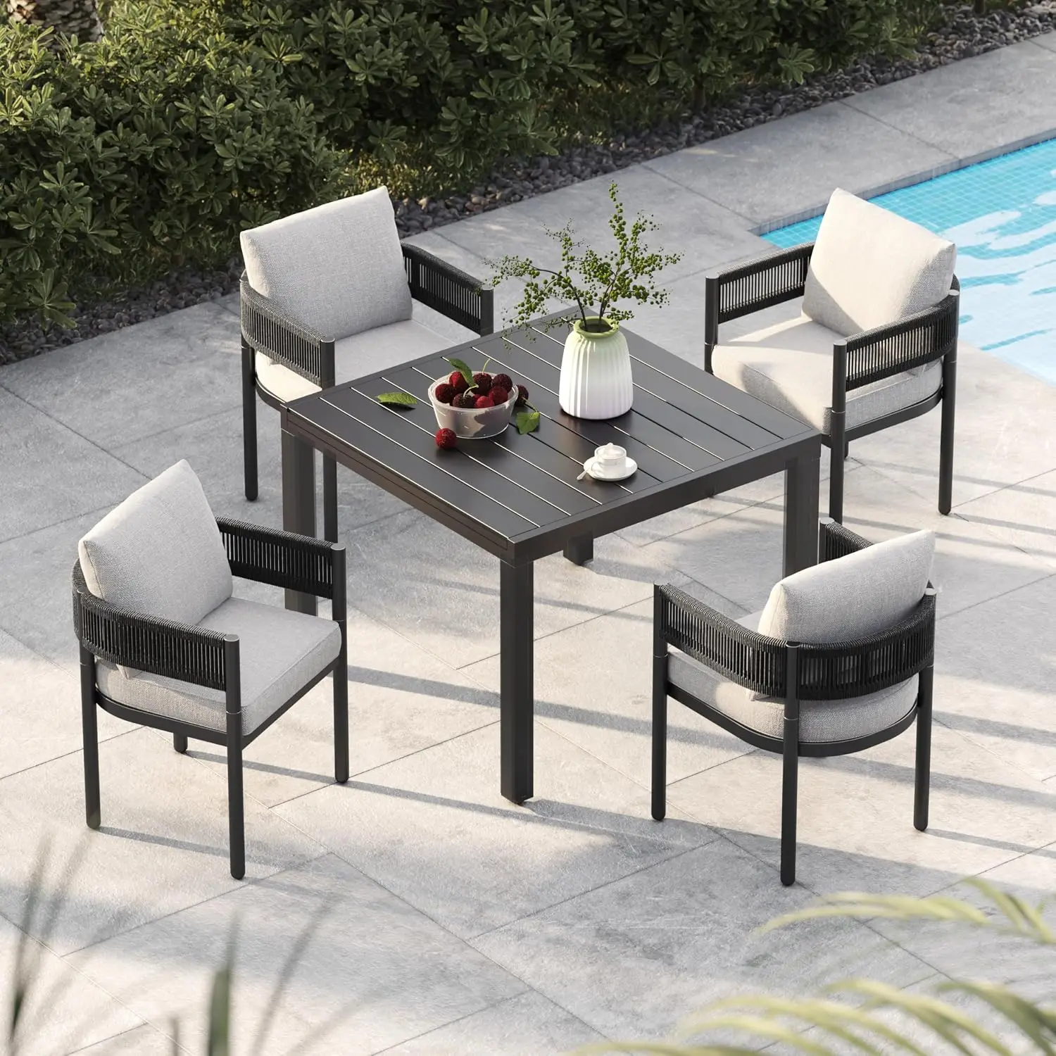 Outdoor Dining Set 5-Piece Expandable Metal Table & Wicker Chairs with Cushions for Yard Poolside 4-6 Person, Customized