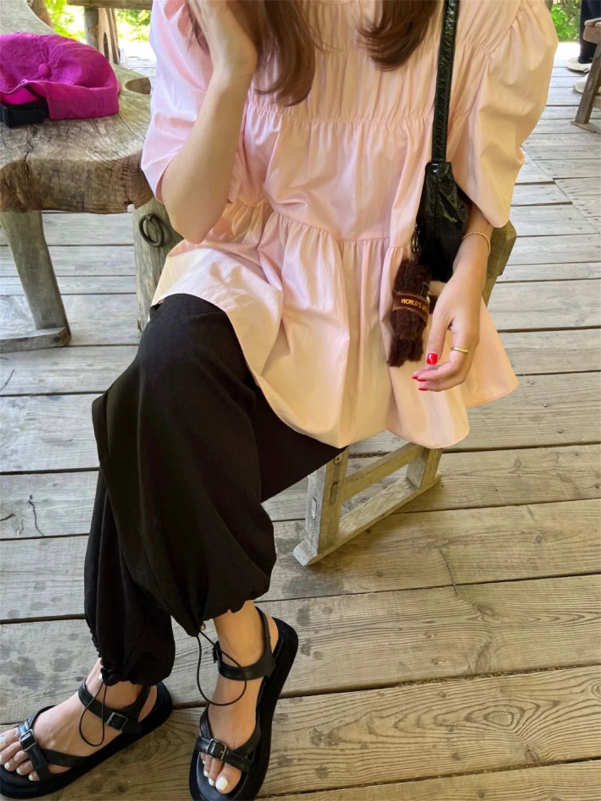 Loose Puffed Sleeve Shirt Round Neck Pleats Solid Color Half Sleeve Top Ladies Casual Fashion Sweet Style Summer Vacation 2024