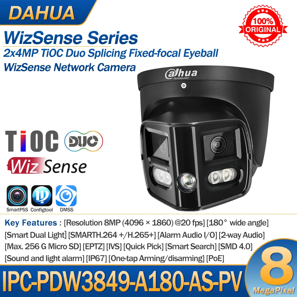 Dahua IP Camera 8MP IPC-PDW3849-A180-AS-PV WizSense Smart Dual Light IR LED 2x4MP 180° Wide Angle 2-Way Audio Sound light Alarm