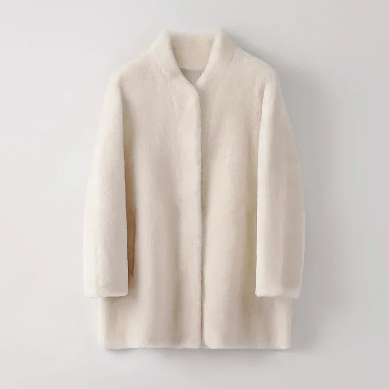 Veste d'hiver en peau de mouton naturelle pour femme, manteau en vraie fourrure, mi-long, en cuir véritable, Double face, 2024