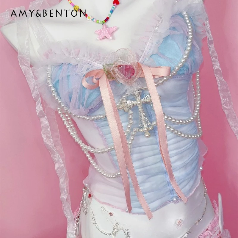 

Punk Style Y2K Hot Girl Subculture Cute Bow Women's Vest 2025 Summer New Design Sexy Lace Sweet Girl Flower Pearl Sling Ladies