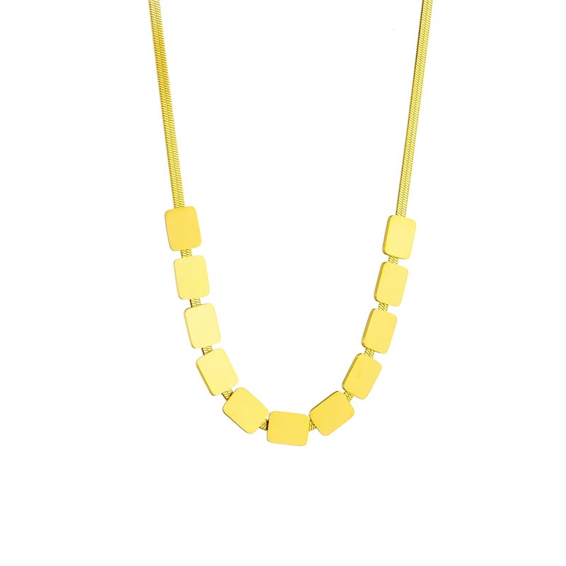 DIEYURO 316L Stainless Steel Geometric Square Pendant Necklace For Women Fashion Girls Gold Color Flat Snake Chain Jewelry Gifts