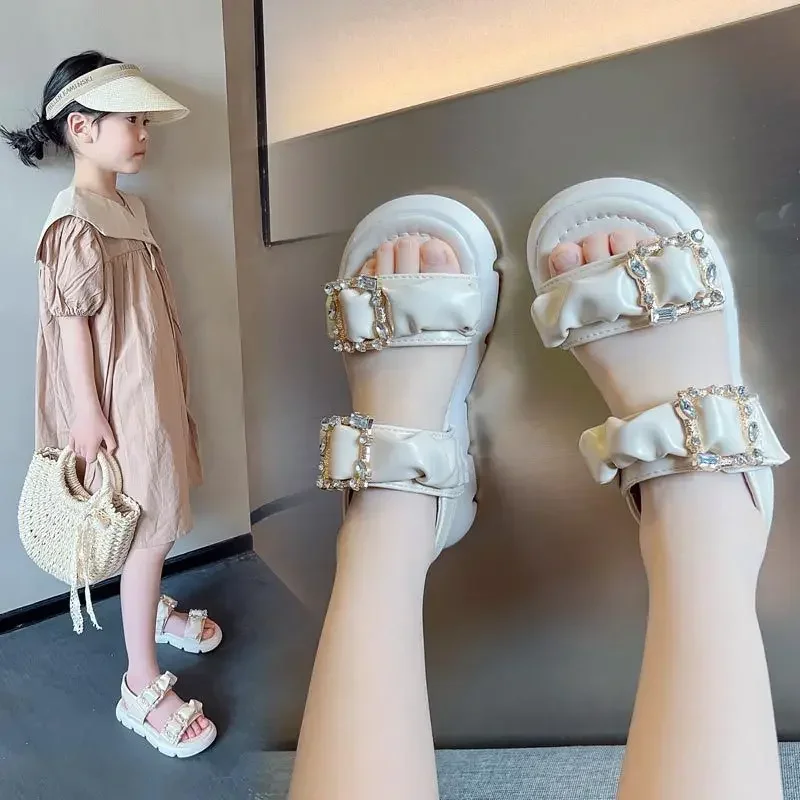 Girl Flat Shoes Summer Fashion Children Princess Shoes Rhinestone Buckle Open Toe Fashion Sandals Little Girl Shoes Black