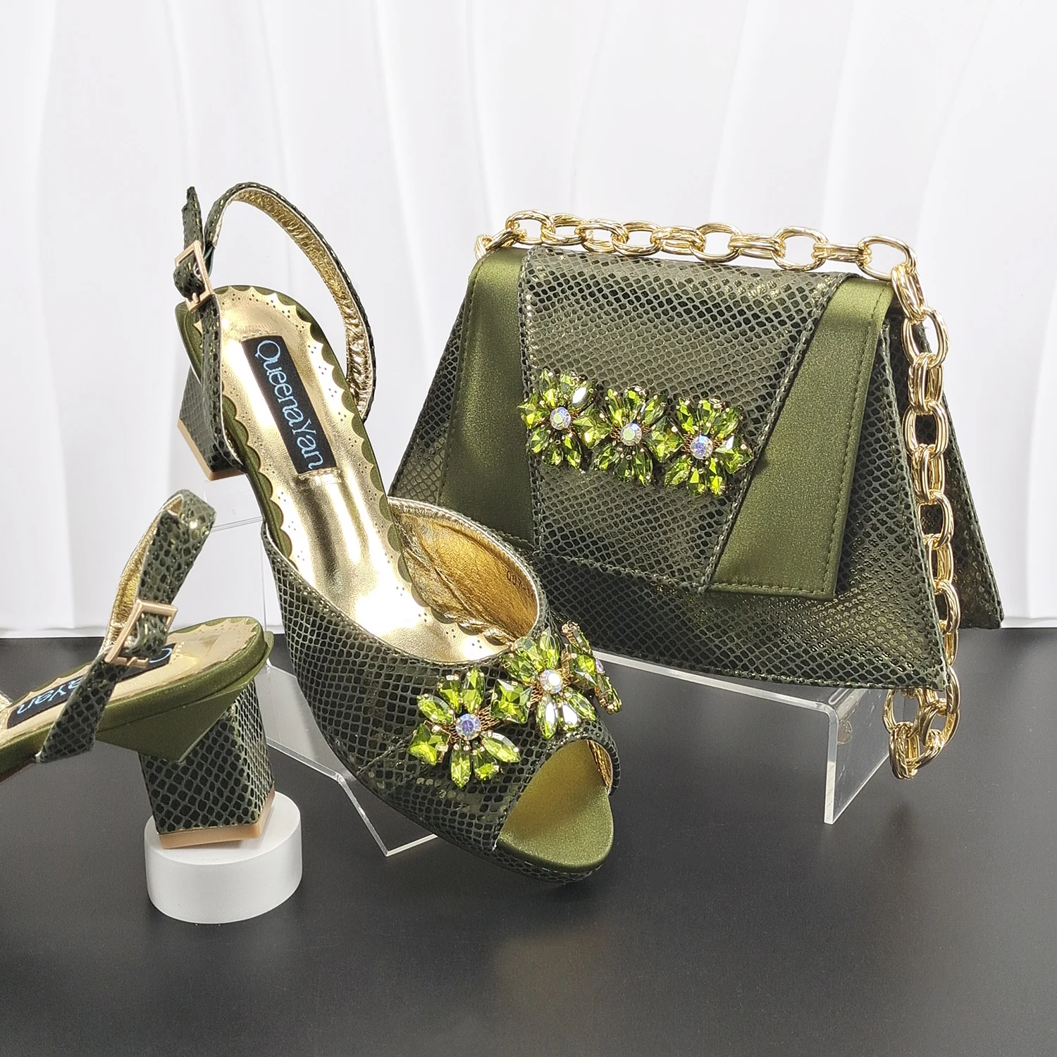 

INS New Mature Style Olive Color Print Design Party Wedding Peep Toe Ladies High Heels and Bag Set Decorated With Rhinestone