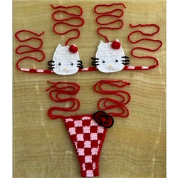 Cute Hello Kitty Ladys Sexy Swimsuit Crochet Bikinis Set Sanrio 2Pcs Womens Swimming Suit Micro Bikini Thongs Bathing Suit Beach