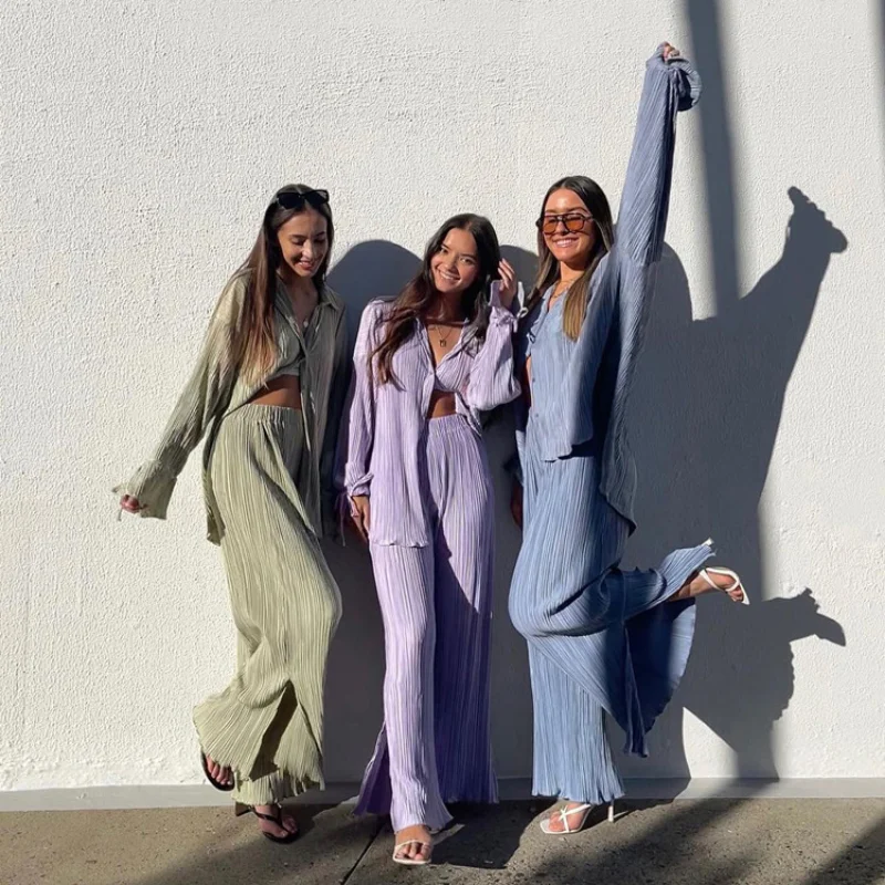 Spring Autumn Bell-sleeved Shirts Wide-leg Pants Two-piece Pleated Casual Suit Women's Fashion Chic and Comfortable Suit Ladies