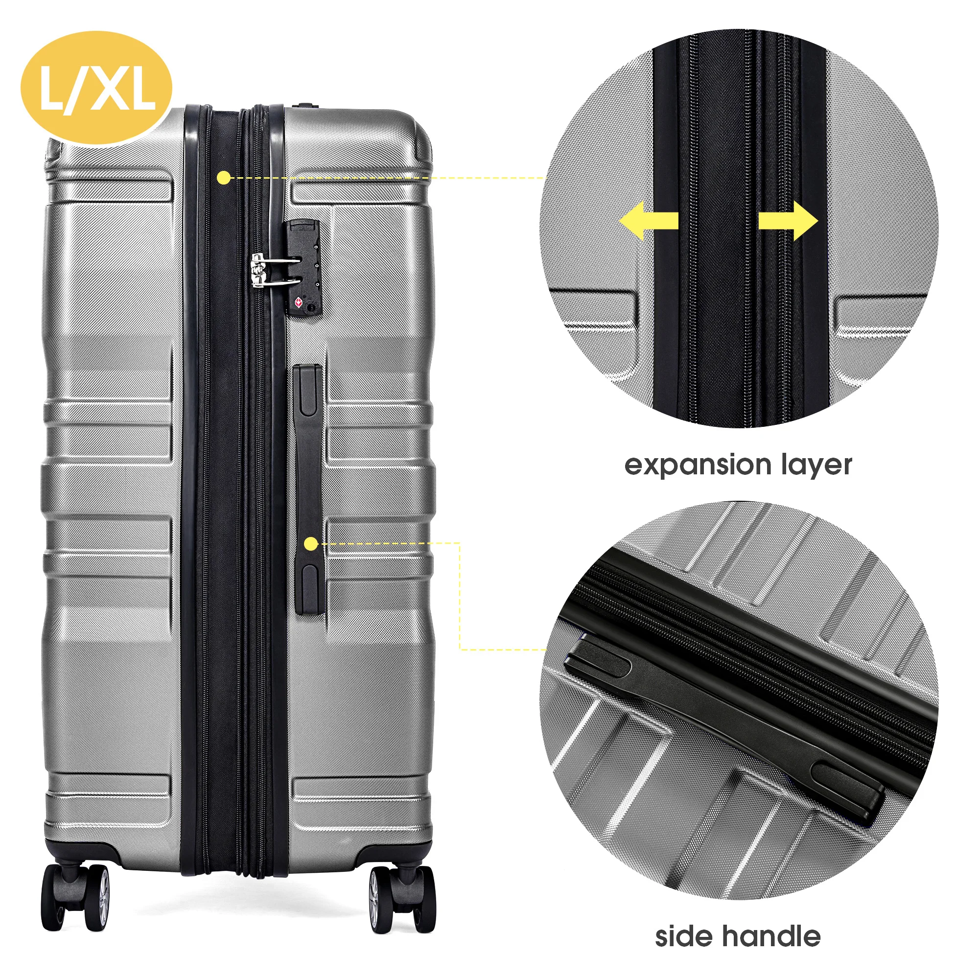 Hard-Shell hand luggage case with TSA lock and universal wheel expandable side handle 3-piece set