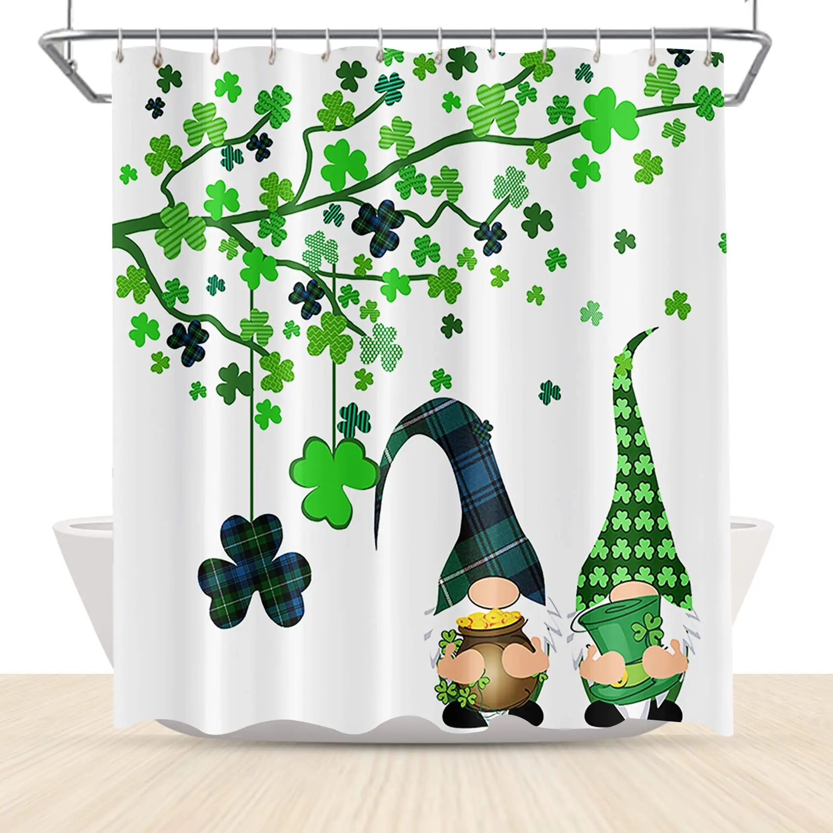 Happy St. Patrick's Day Shower Curtain, Green Clover Shamrock Leaf Irish Gnome Elf Buffalo Check Plaid Fabric Bathroom Curtains