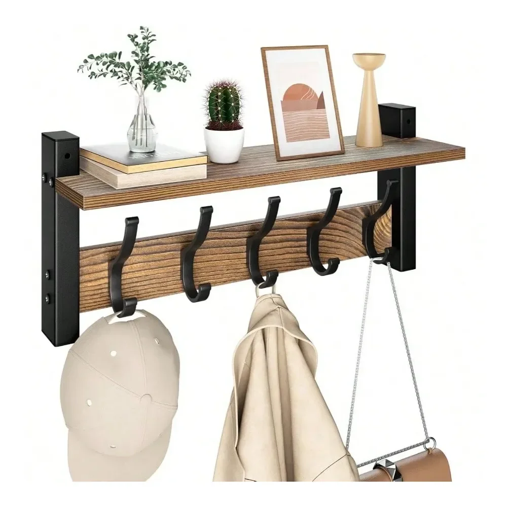 

Rack Wall Mount With Shelf, 17.1 Inch Coat Hanger Walls Mounted, Hat Rack Walls, Shelf With 5 Coat Hooks, Wall Hanger Entryway