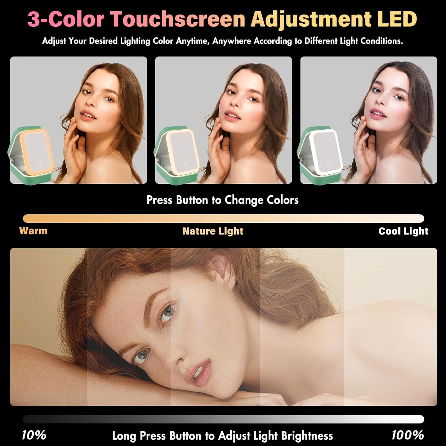 

Stylish, Portable, and Waterproof LED Makeup Bag with Dimmable Lighted Mirror - 3 Color LED Mirror Makeup Organizer Case - USB R