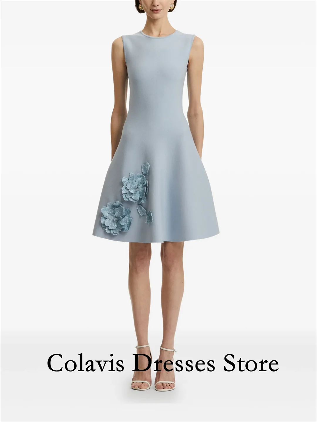 

2025 Customized O-Neck 3D Floral Appliques Sky Blue Midi Prom Dresses Evening Dress Women Evening Gowns Formal Party Dress