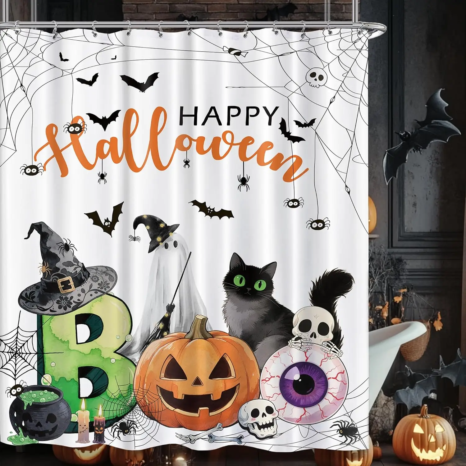 

Милая забавная занавеска для душа на Хэллоуин в готическом стиле для ванной комнаты, призрак, жуткий тыква, забавная летучая мышь, декор для ванны