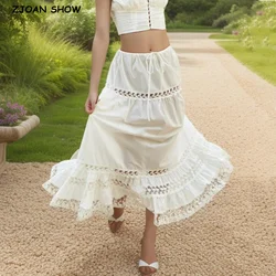 2024 Holiday White Spliced Lace Elastic Waist Ankle Length Long Skirt Women Ruched Swing A-lined Skirts Boho