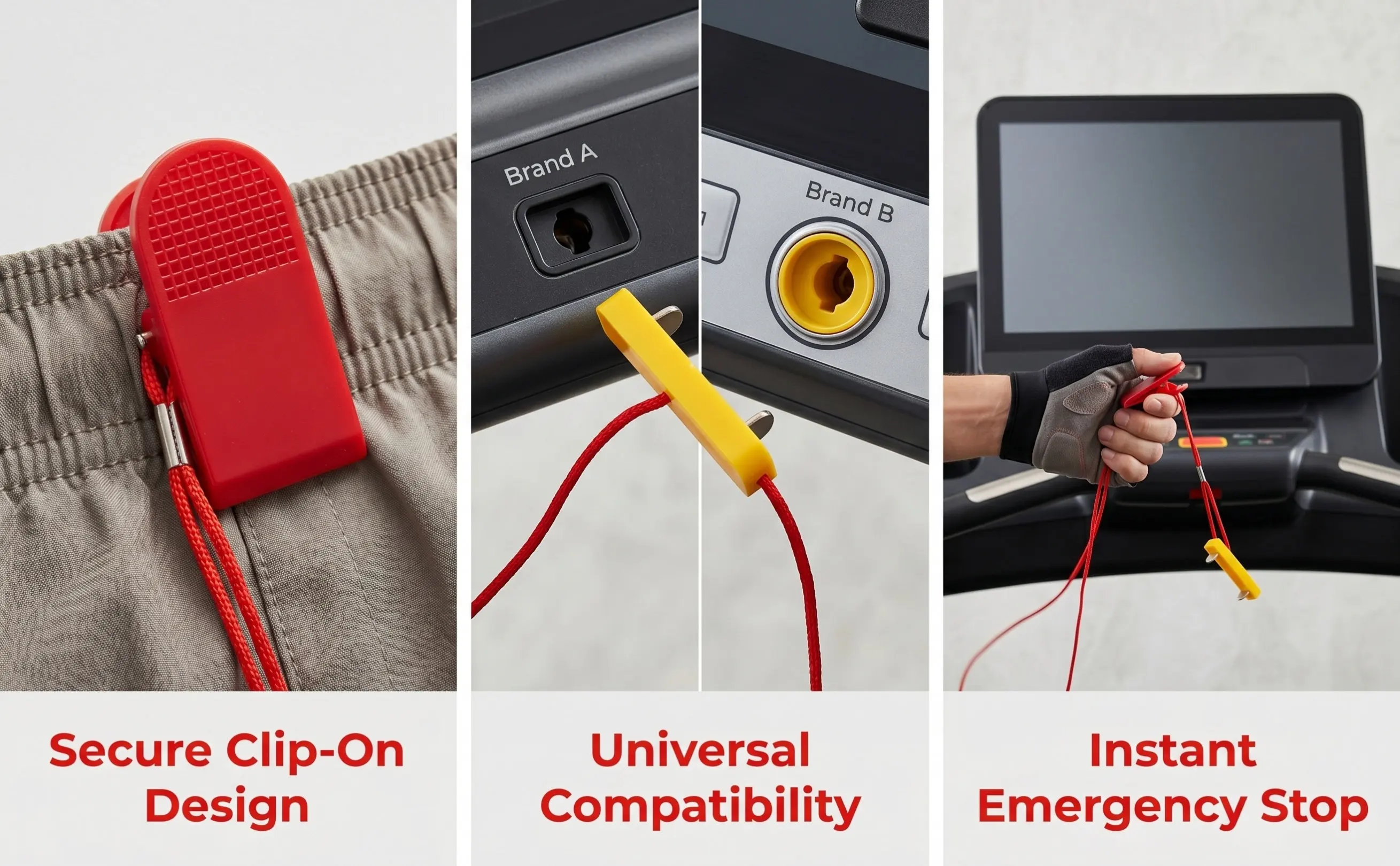 Universal Treadmill Safety Key Red Emergency Stop Tether Double Prong Design Compatible with Most Fitness Equipment Treadmill