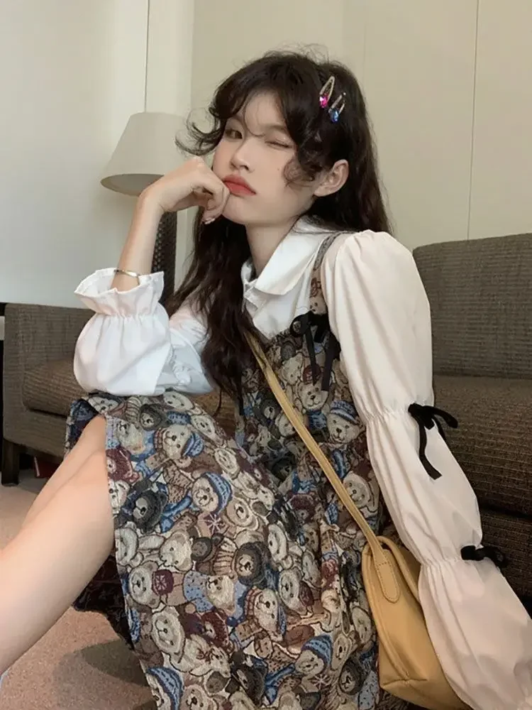 ドレス、ボウシャツ、ツーリトルベアストラップスカート、スイートニューロングスリーブセットデザイン