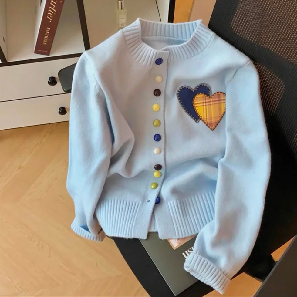 Color Blocked Heart-shaped Sweater Elegant Colorful Buckle Loose Jacket Women's Long Sleeved Round Neck Knitted Cardigan Top