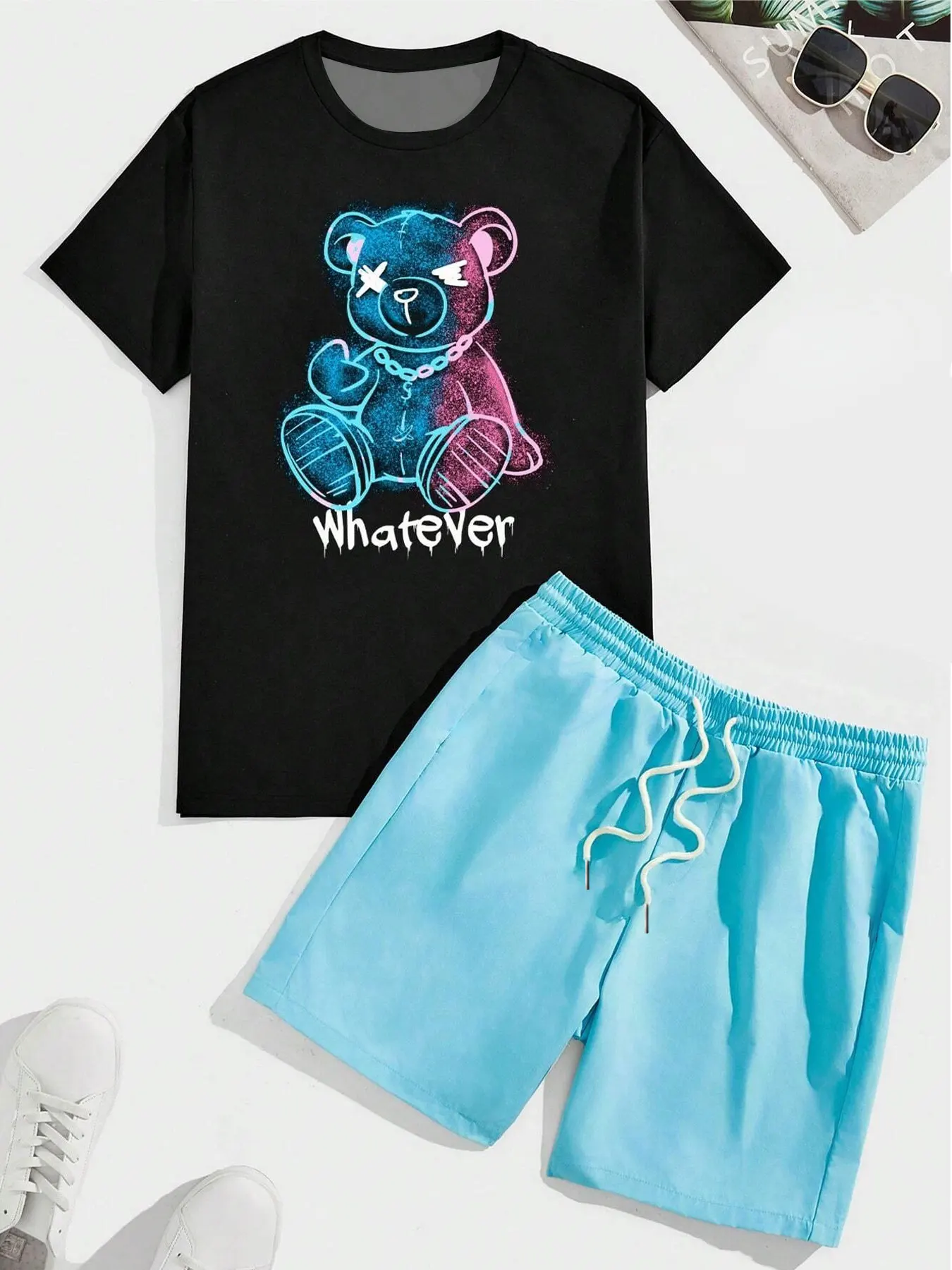 

mens summer 3d bear english letter print short sleeve shorts drawstring 2 piece set