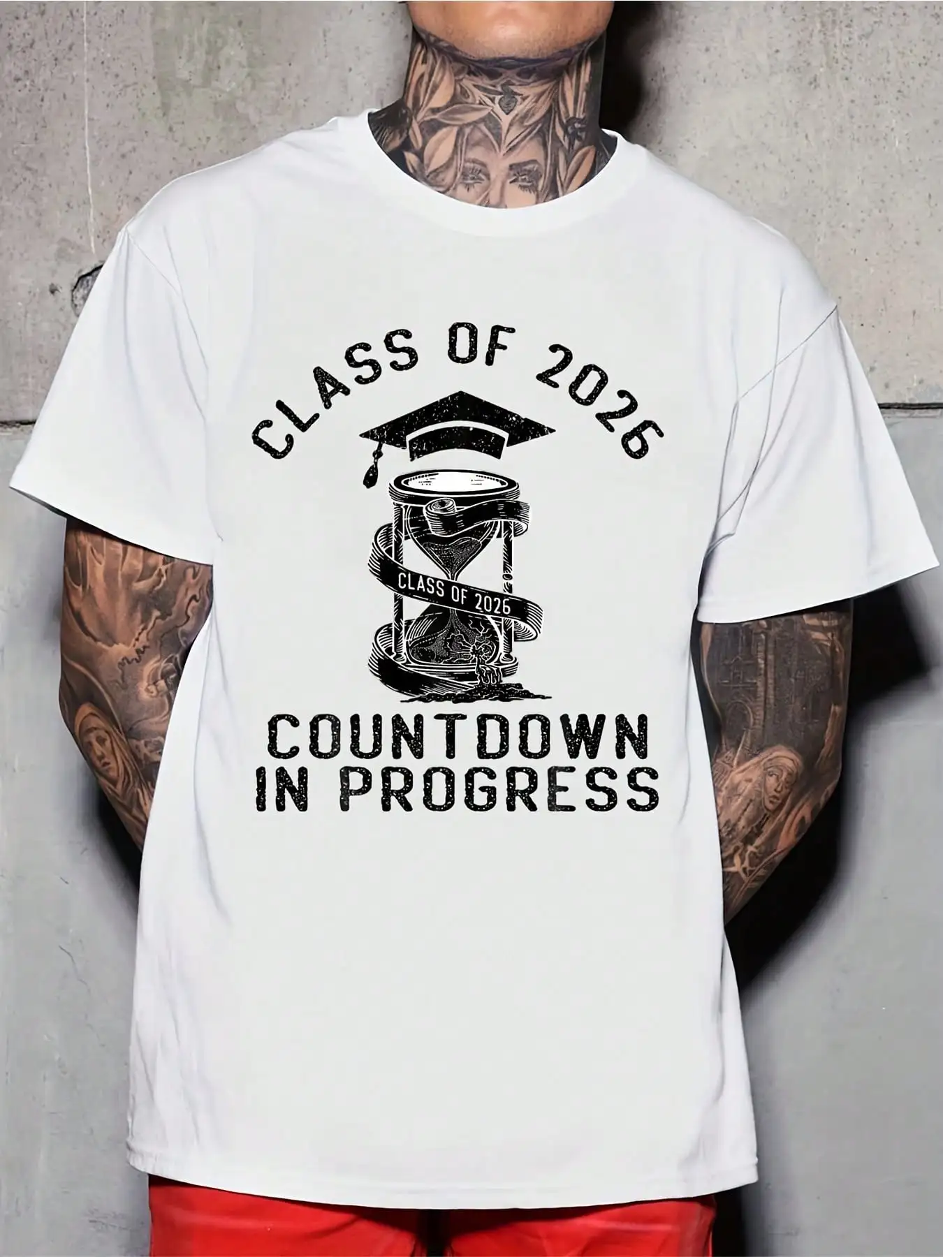 Class Of 2026 Graduation Countdown Print Men Round Neck T-Shirt School Party Celebration Event 220g