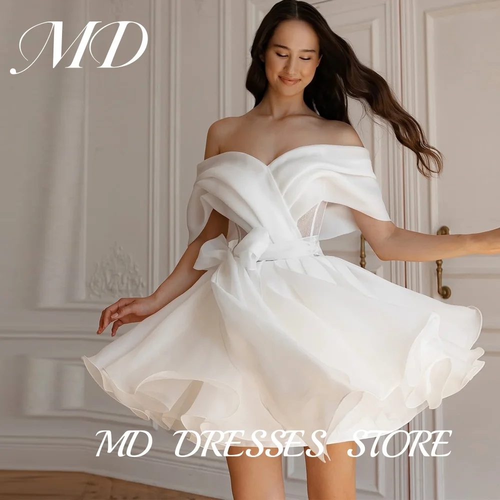 

MD Sexy A-line Off Shoulder Short Wedding Dress V-Neck Bow Ball Gown Cut Out Organza Bridal Gown Vestido De Noiva Customized