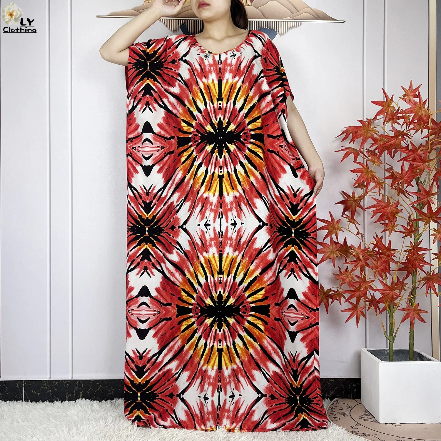 Summer Dubai Fashion Lady Clothing Soft Cotton Tie-dyed Loose Maxi Islam Women Short Sleeve African Abaya Dress With Big Scarf