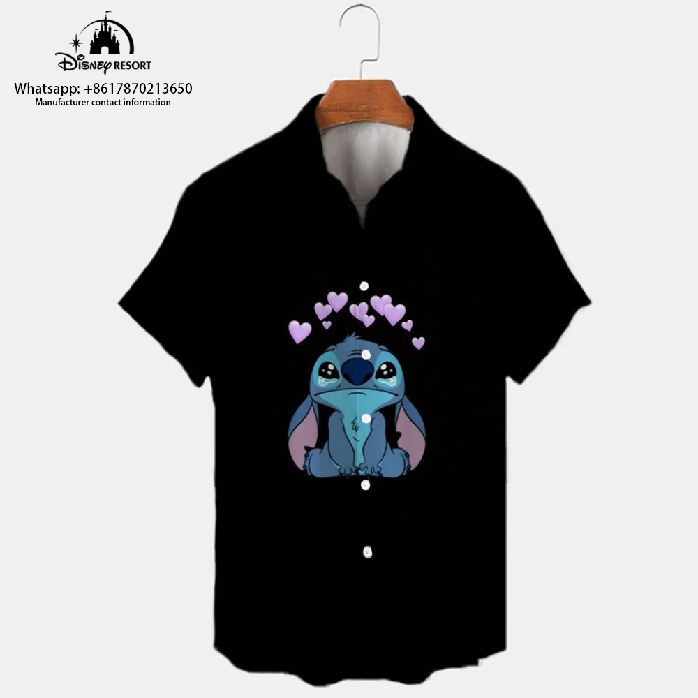 2024 New Street Style Men\'s Lapel Short Sleeve Single-Breasted Shirt Stitch Cartoon Print Casual Trend Versatile Top y2k