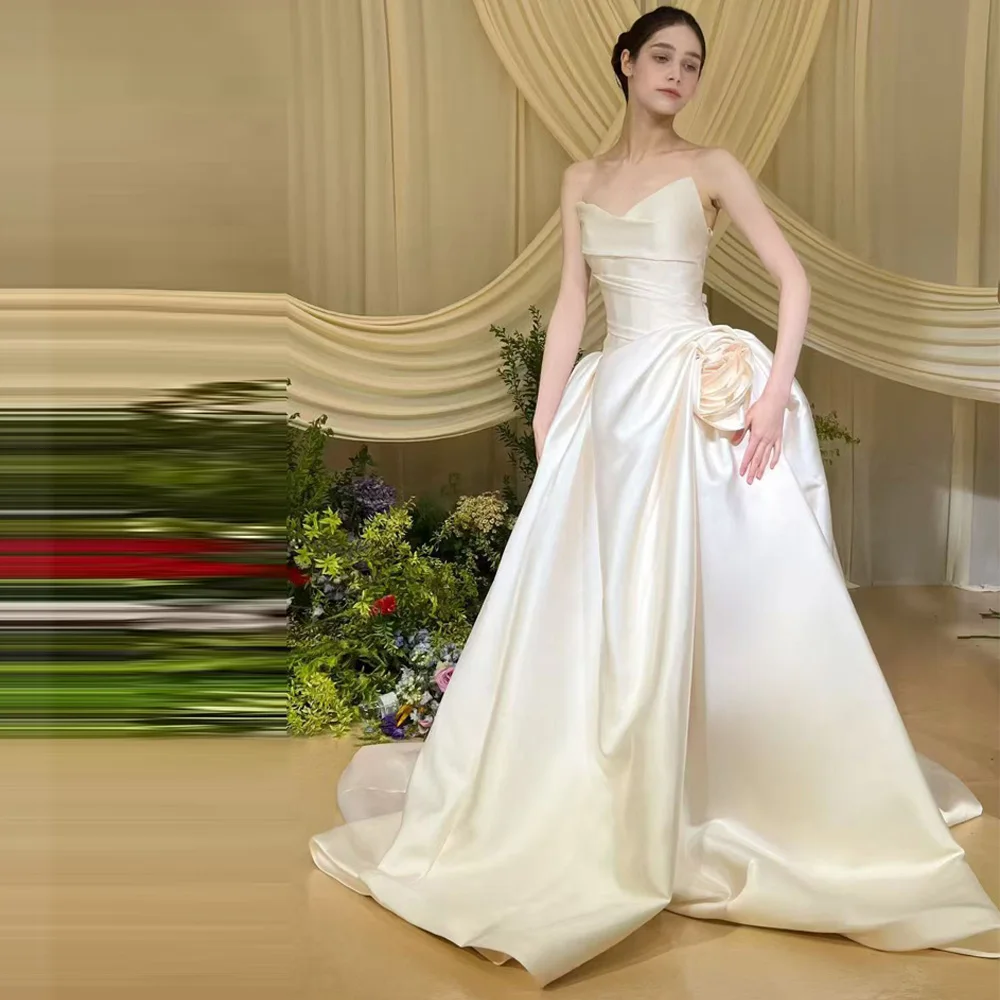 

Customized Luxury Ivory Strapless Satin Ball Gown Wedding Dress, 3D Flower Detail A-line Bridal Gown with Train