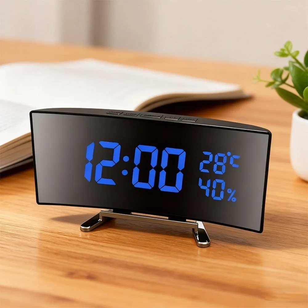 

Curved Screen Digital Alarm Clock Large Temperature Humidity Table Clock Large Screen adjustable brightness LED Digital Clock
