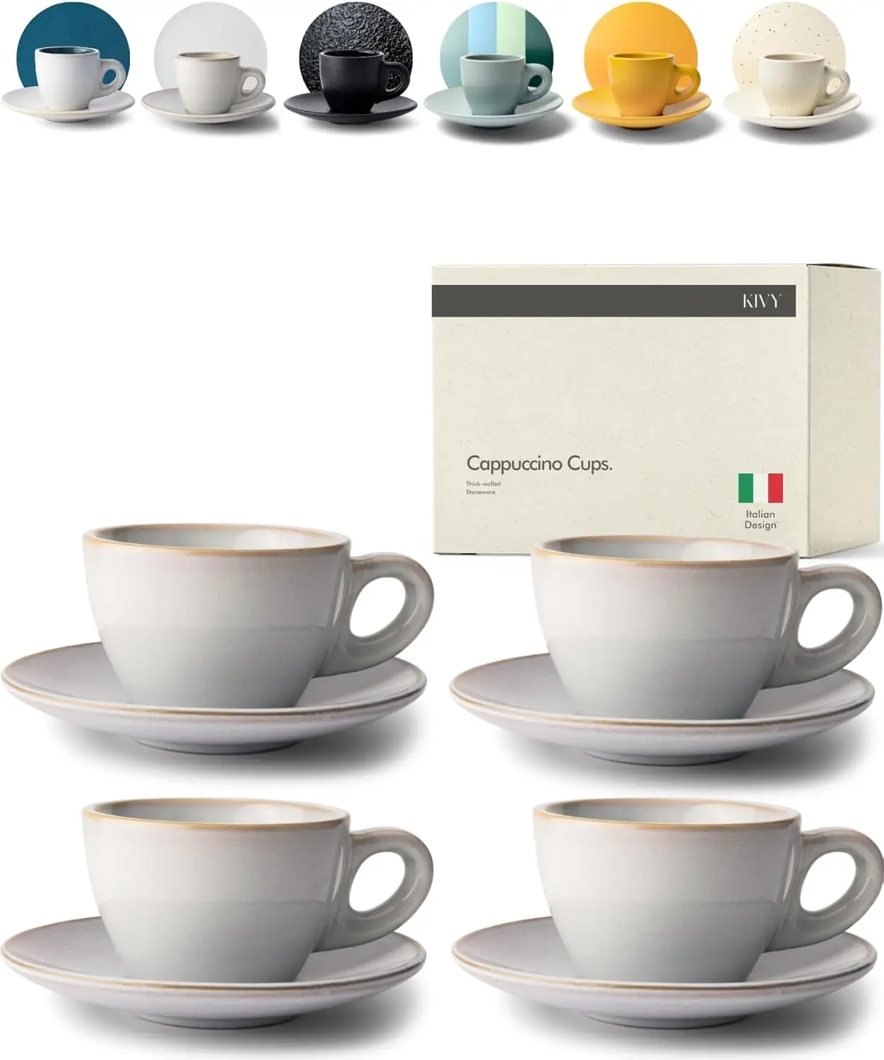 

4-Piece Thick Stoneware Cappuccino Cups Set for Latte Art, Grey Ceramic with Saucers