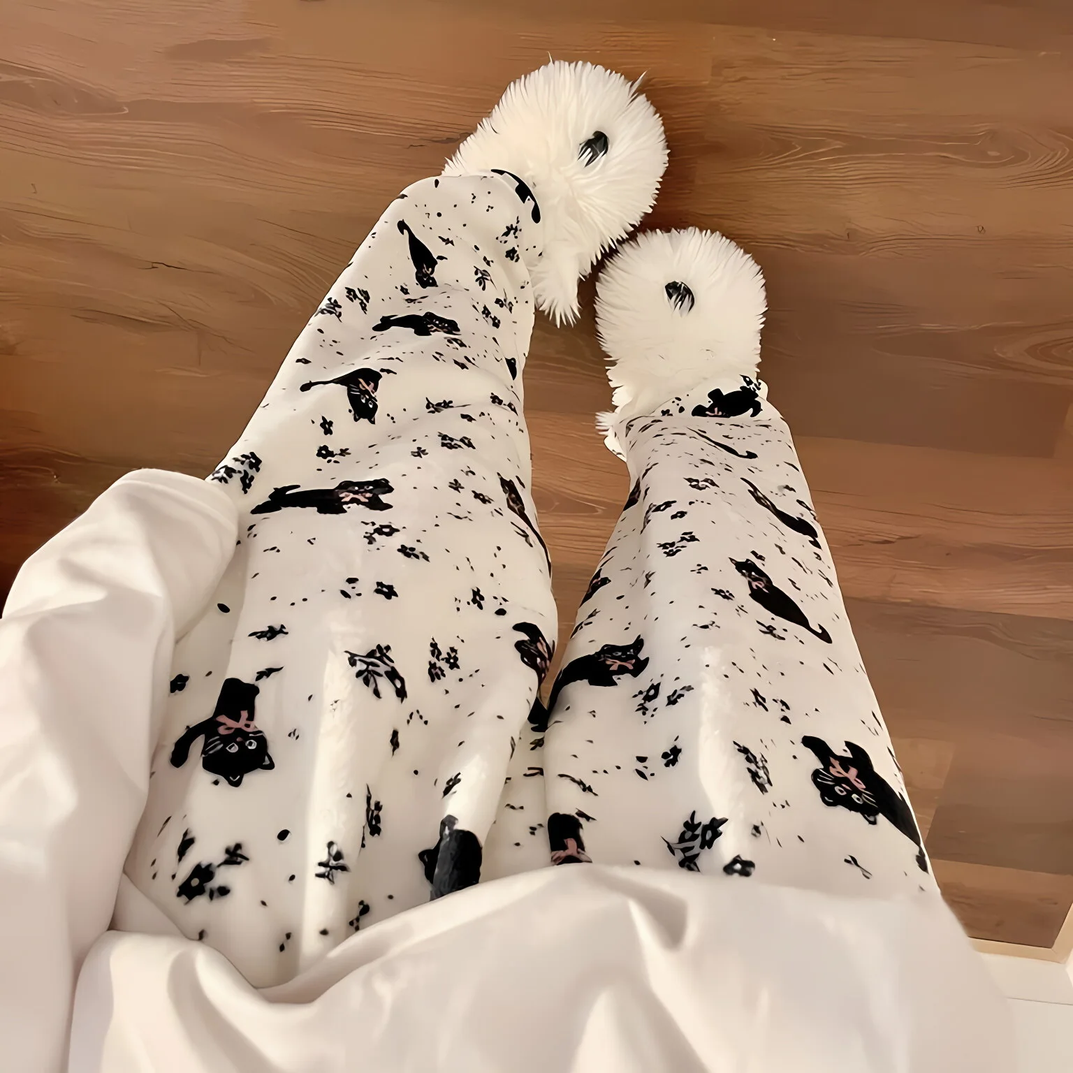 Black Cat Cartoon Pajamas Pants Kawaii Christmas PJS Korean Women Winter Warm Fluffy Flannel Sleepwear Girls Cute PJ Pants