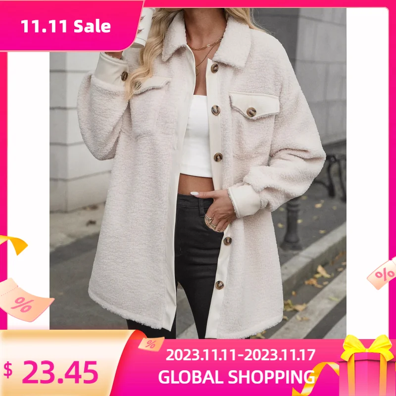 

Autumn Winter Women Jacket Elegant Solid Lapel Coat Warm Casual Soft Lapel Single Breasted Button Jacket Plush Overcoat Female