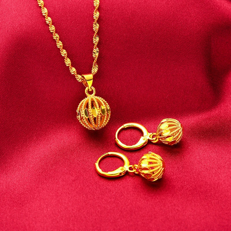 

Luxury 100% Genuine 24K Gold Exquisite Simple Hollow Lantern Women'S Earrings Necklace