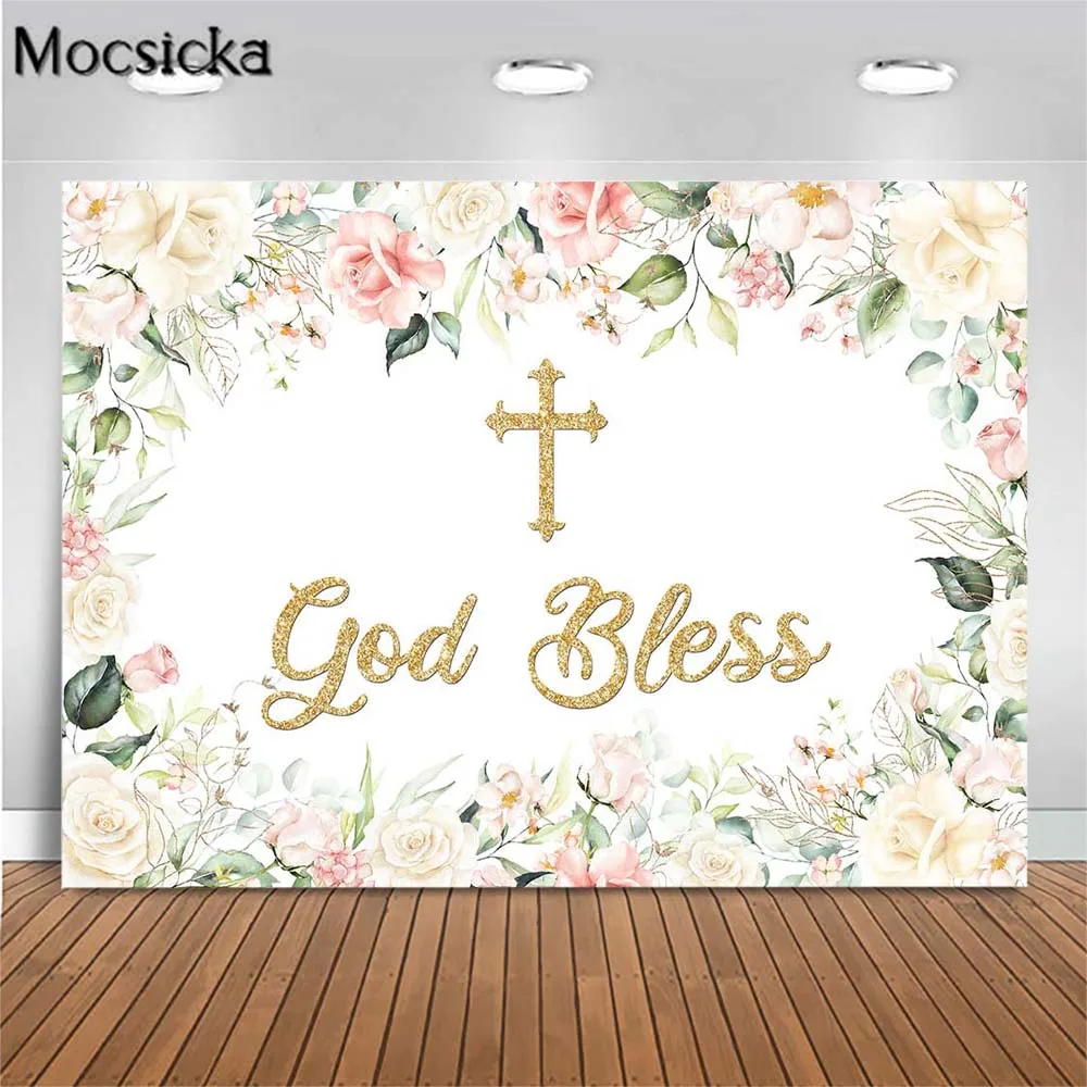 

Mocsicka Baby Baptism Backdrop God Bless Gold Cross First Communion Photo Background Christening White Flowers Leaves Background