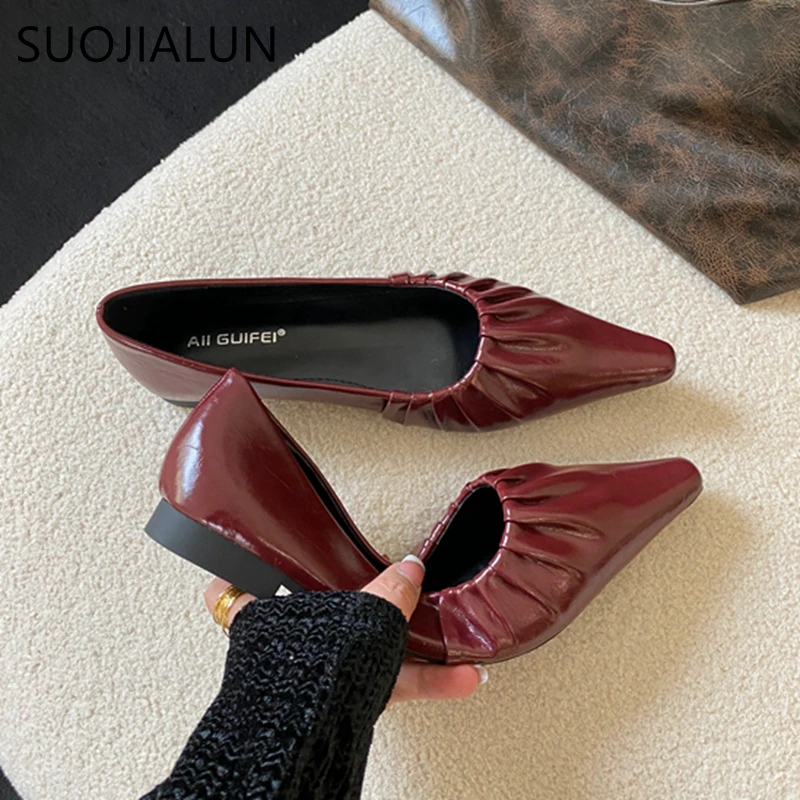 SUOJIALUN 2024 Spring New Women Flat Shoes Fashion Pleated Pointed Toe Ladies Ballerinas Shoes Flat Heel Shallow Slip On Ballet