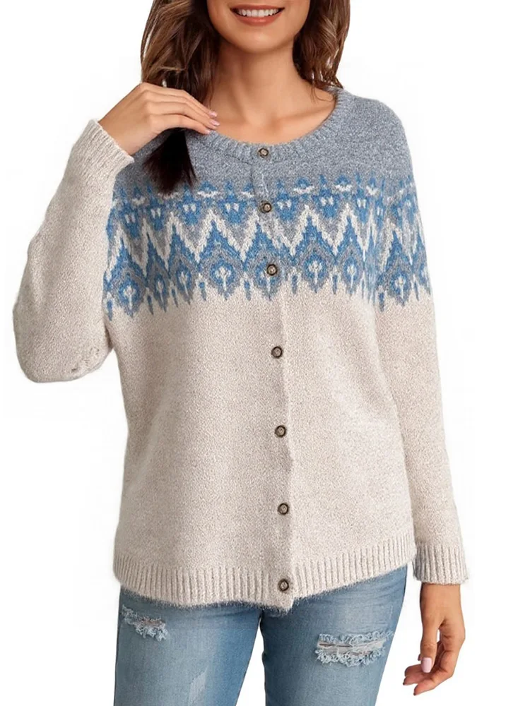 

New Fashion Long Sleeve Printing Knitted Cardigan Sweater Women Autumn Winter Botton Sweater Coat Casual Loose Winter Clothes