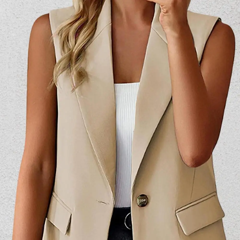 Women Summer Waistcoat Sleeveless Business Vest Coat Solid Color Pockets Single Button Straight Formal OL Style Commute Coat