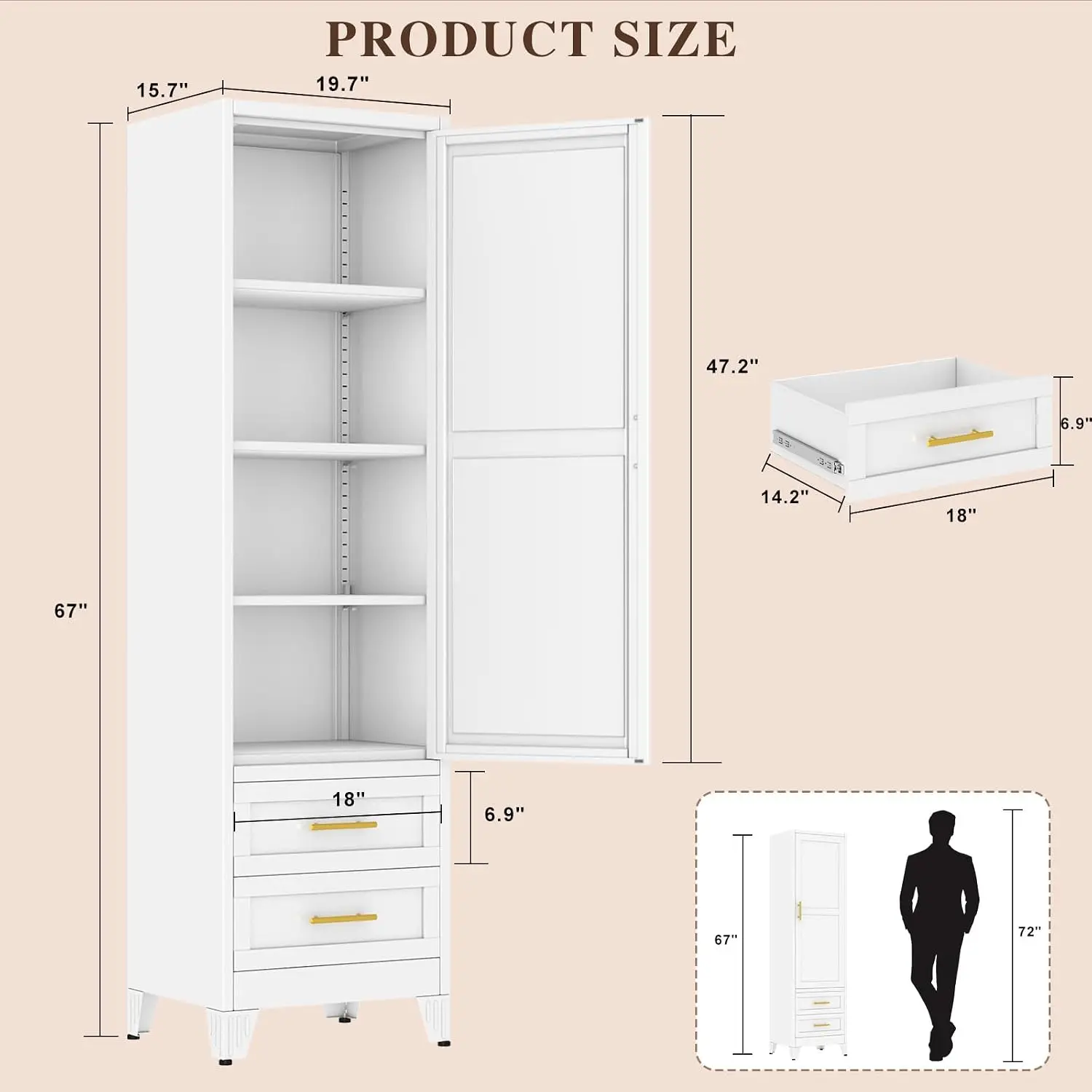 Tall Metal Narrow Storage Cabinet, Slim Kitchen Pantry Organizer Cupboard, Freestanding Utility Linen Tower With Two Drawers And Adjustable Shelves, Modern Industrial Floor Standing Unit, White, 1 Piece