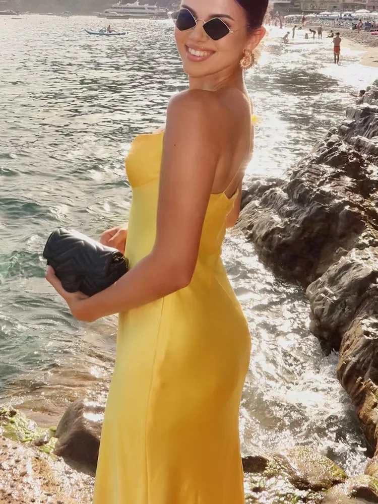 HH 2025 여성 여름 휴가 스타일 백 지퍼 새틴 텍스처 롱 드레스 민소매 여성 패션 레드 V넥 슬링 드레스