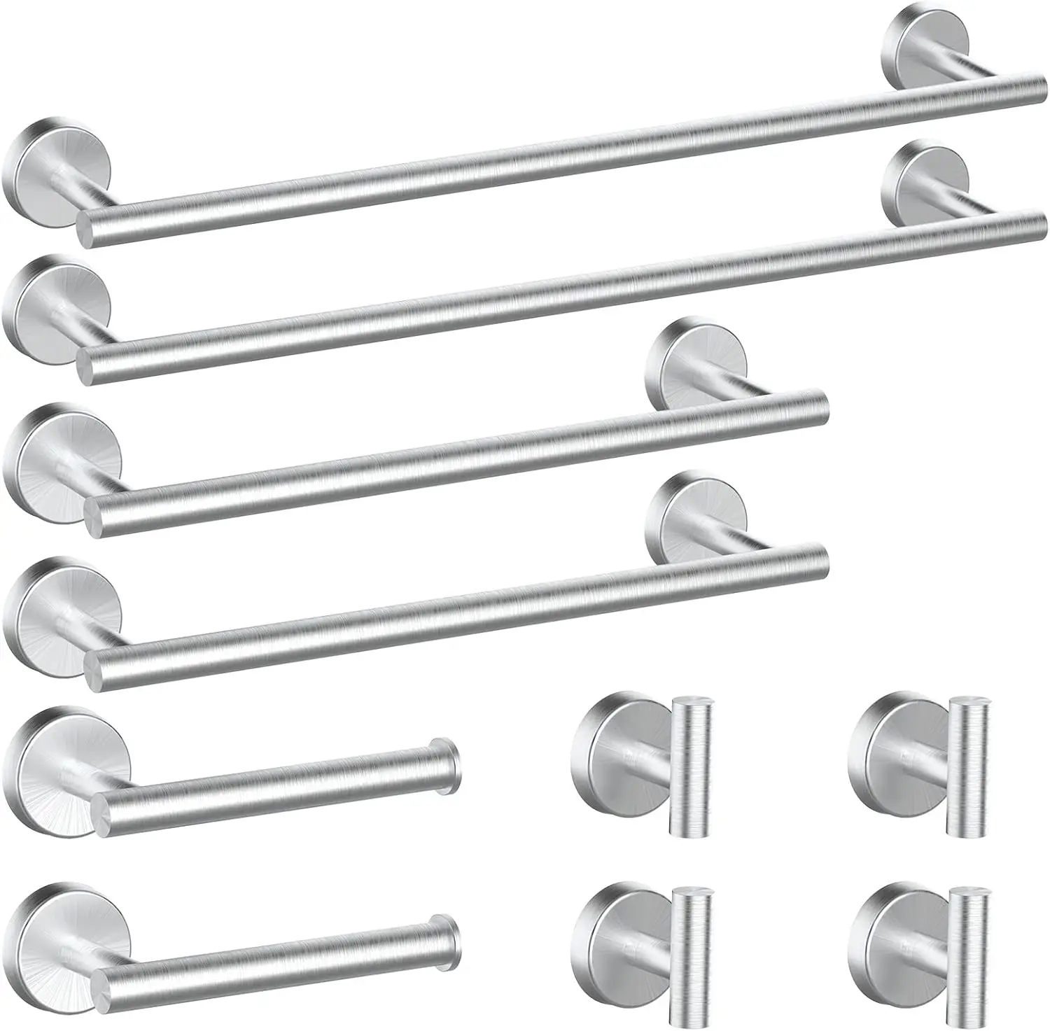 

10-Piece Brushed Nickel Bathroom Hardware Set with Towel Bar, Hooks, and Toilet Paper Holder - Stainless Steel Wall Mounted