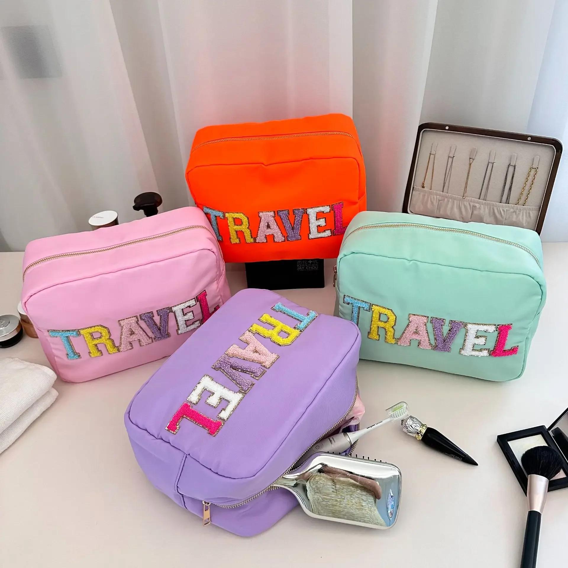 Large Capacity Women's Cosmetic Bag Letter Sticker Ladies Nylon Make Up Case Travel Storage Bags Portable Female Purse Handbags