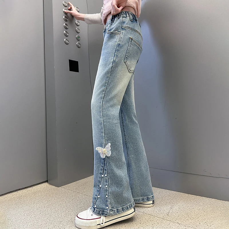 بنطلون جينز بناتي أمريكي عالي الشارع مع فراشة للأطفال للخريف بتصميم عتيق y2k سروال دينم بقصة ضيقة للأطفال #2